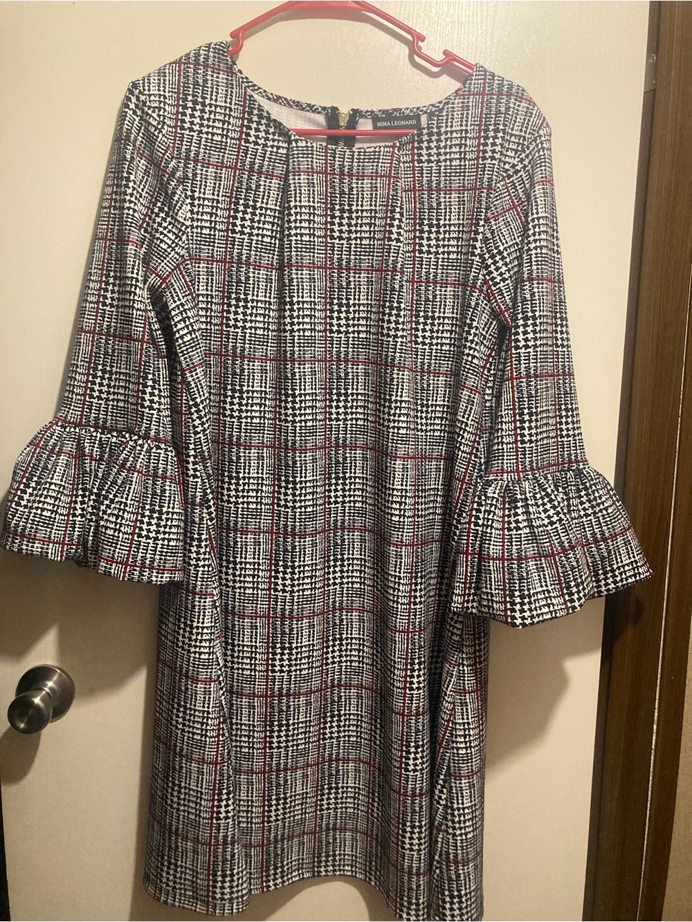 Nina Leonard Black, White & Red Plaid Ruffle-Sleeve Shift Dress